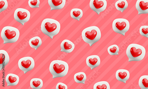 Cute vector cartoon 3d love speech bubbles background. Realistic render of chat message with heart icon on pink striped background. Like button wallpaper, Valentines Day social media banner, decor.