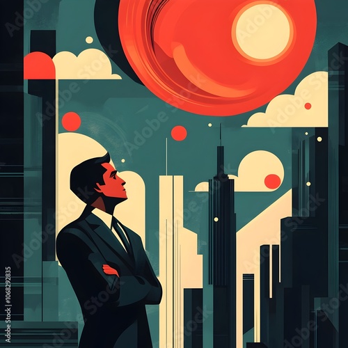 Corporate Executive Lost in Thought A Minimalist Futuristic Cityscape photo