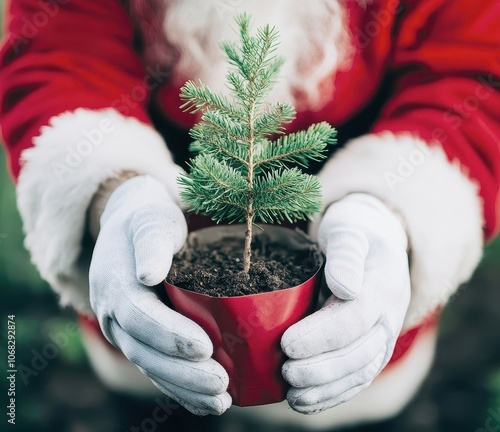Santa gives trees gifts in green natural environment protection