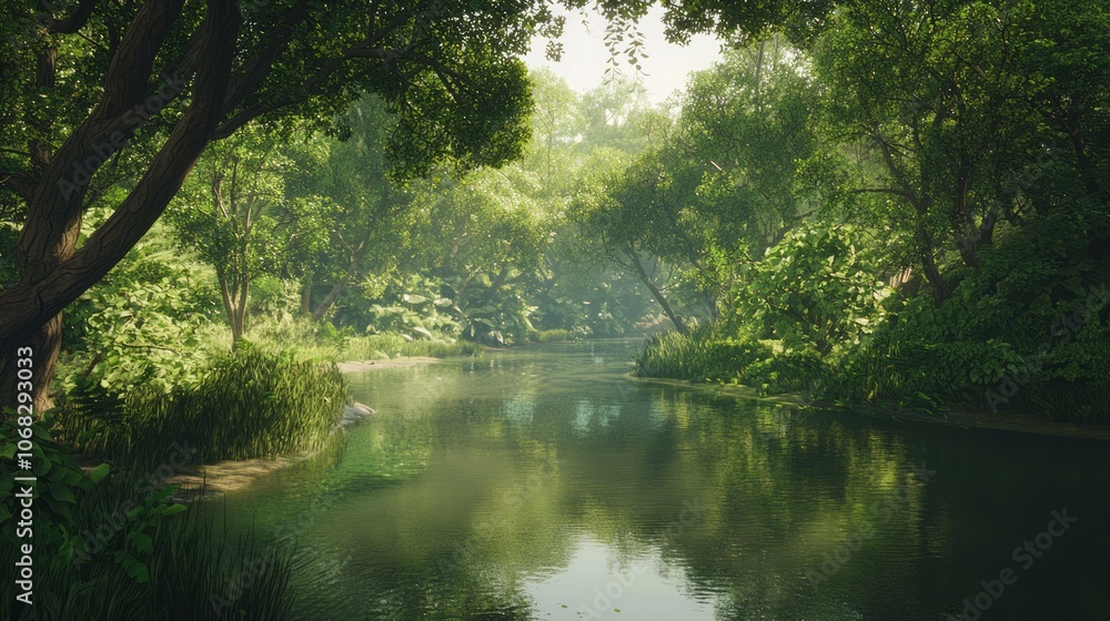 Tranquil Forest Oasis: Serene River Winding Through Lush Canopy Tranquil Forest Oasis: Serene River Winding Through Lush Canopy