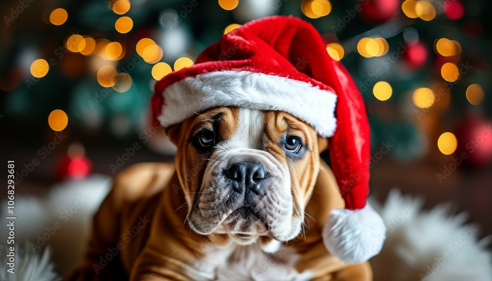 a bulldog dog, a bull terrier, in a red Christmas hat on a festive Christmas background a bulldog dog, a bull terrier, in a red Christmas hat on a festive Christmas background