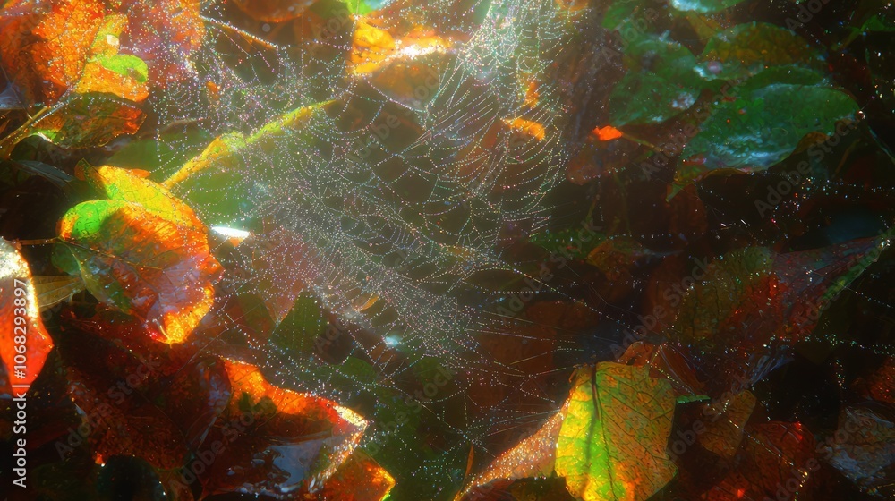 Nature's Intricate Symphony: Close-Up of Dewdrop-Laden Spider Web Among Lush Forest Leaves in Morning Light Nature's Intricate Symphony: Close-Up of Dewdrop-Laden Spider Web Among Lush Forest Leaves in Morning Light
