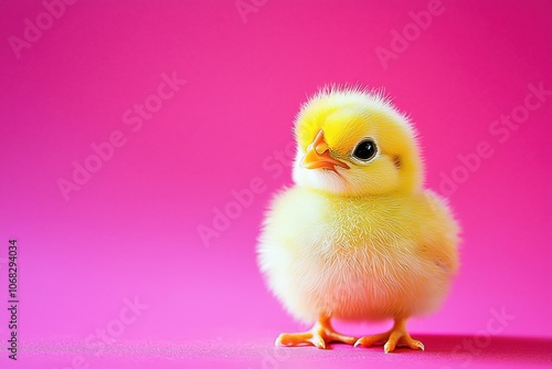 A cute yellow chick stands against a vibrant pink background, showcasing its fluffy feathers and curious expression.