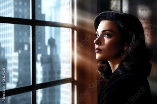 Free Download A golden age cinematography-inspired portrait of a woman gazing out a window, with the city skyline in the background. - GFXLoad