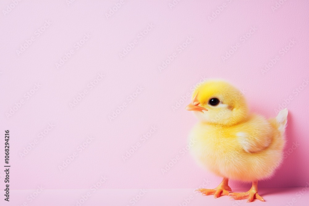 A cute yellow chick stands against a soft pink background, showcasing its fluffy feathers and small size. Ideal for spring-themed designs. A cute yellow chick stands against a soft pink background, showcasing its fluffy feathers and small size. Ideal for spring-themed designs.