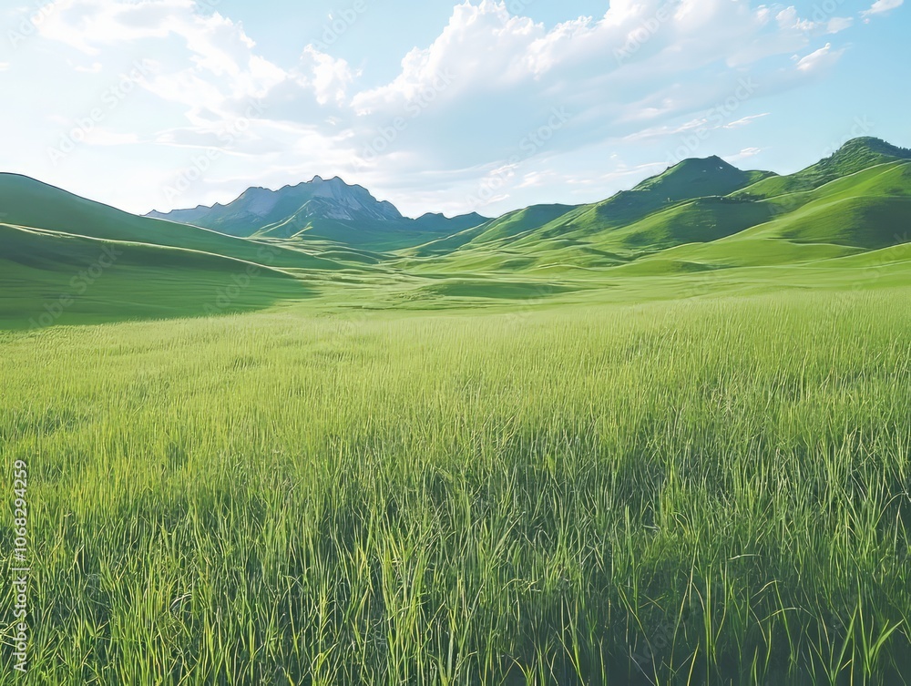 Fototapeta premium Lush green hills under a bright sky with distant mountains.