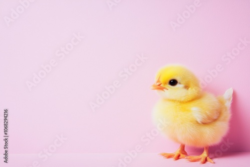 A cute yellow chick stands against a soft pink background, showcasing its fluffy feathers and small size. Ideal for spring-themed designs.