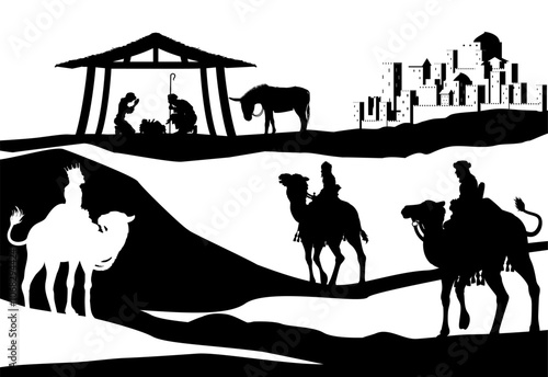 A Christmas nativity scene with baby Jesus in the manger, wise men and city of Bethlehem in the background