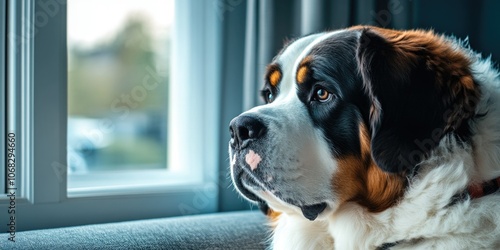 St Bernard Dog Looking Out the Window