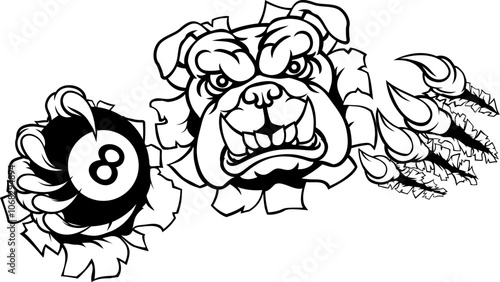 A bulldog dog angry mean pool billiards mascot cartoon character holding a black 8 ball.