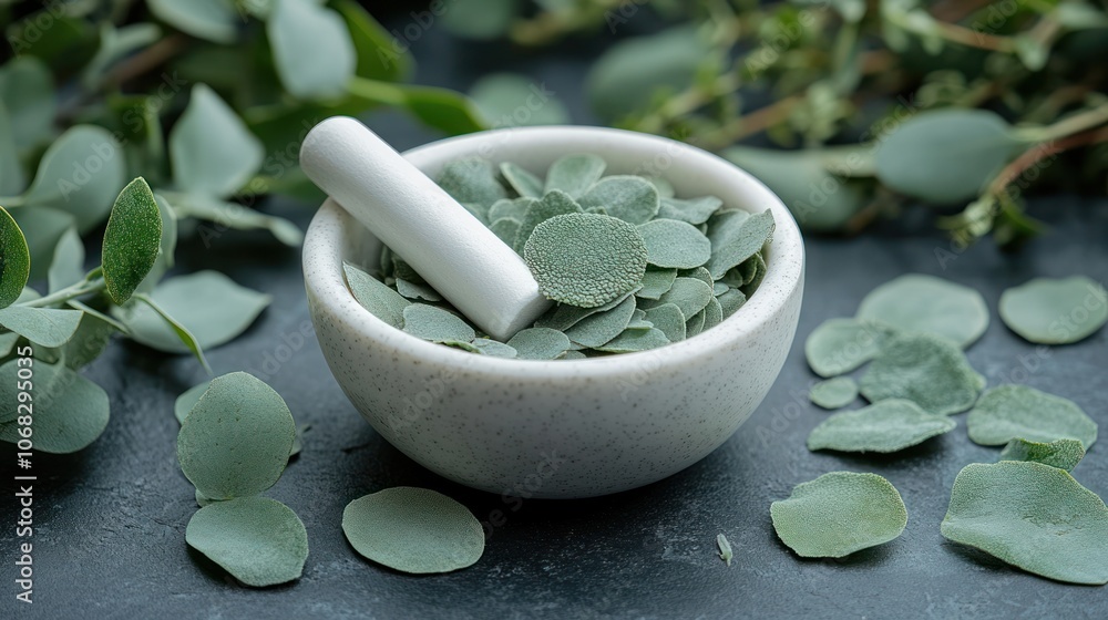Dried Eucalyptus Leaves in Mortar and Pestle. Dried Eucalyptus Leaves in Mortar and Pestle.
