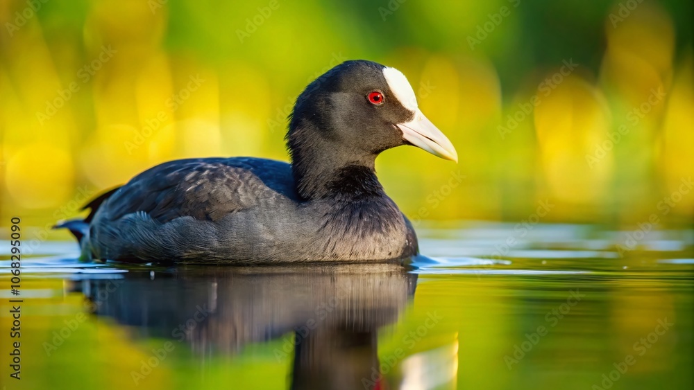 Captivating Portrait of an Eurasian Coot Swimming Gracefully in a Serene Lagoon Surrounded by Lush Vegetation and Reflections of Nature's Beauty Captivating Portrait of an Eurasian Coot Swimming Gracefully in a Serene Lagoon Surrounded by Lush Vegetation and Reflections of Nature's Beauty