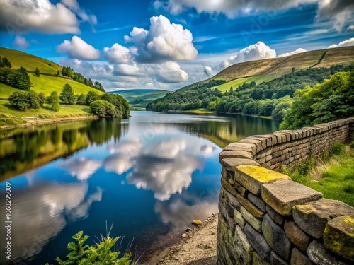 Serene View of Teggs Nose Reservoir Framed by a Rustic Wall in Minimalist Style Capturing Nature's Beauty and Tranquility in a Unique Perspective photo