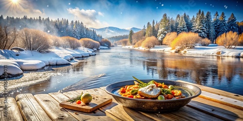 Serene View of Platte River After a Snowstorm near Kearney in the Eastern Rocky Mountains, Showcasing a Winter Wonderland with Snow-Covered Banks and Clear Blue Skies photo