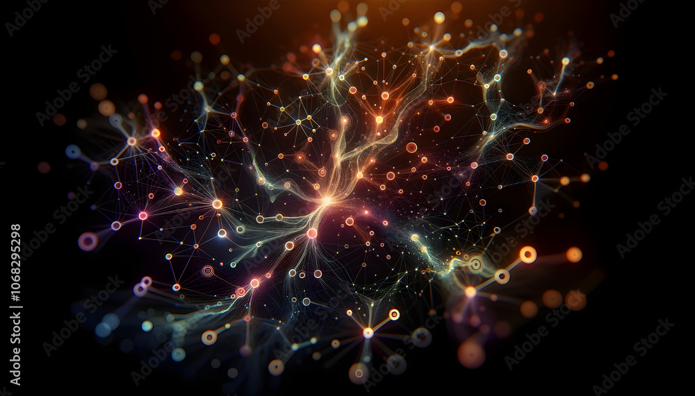 Obraz premium Vivid network of connected dots and lines with glowing effects on dark background, digital concept