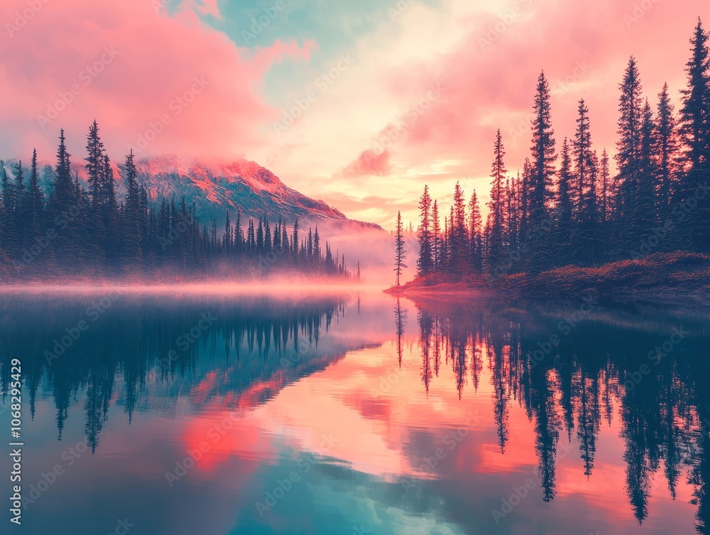 Obraz premium Serene landscape with a lake reflecting colorful skies and tall trees.