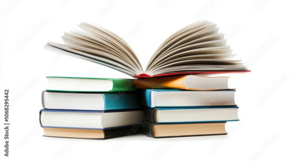 Open books stacked papers represent research knowledge accumulation Open books stacked papers represent research knowledge accumulation