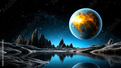 Alien Planet Landscape with Starry Sky and Glowing Moon