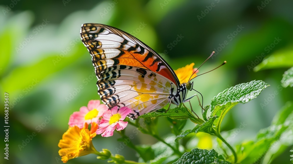 Macro Close-up of Colorful Butterfly on Vibrant Flower in Forest Showing Detailed Wing Patterns and Flora Textures Macro Close-up of Colorful Butterfly on Vibrant Flower in Forest Showing Detailed Wing Patterns and Flora Textures