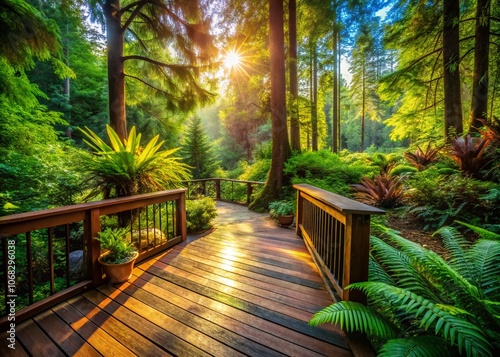 Serene Wooden Deck Amidst Lush Greenery in a Tranquil Forest Setting Perfect for Relaxation and Nature Retreats, Inviting Calmness and Peace in a Picturesque Environment