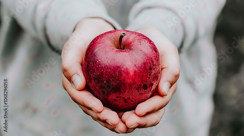 Closeup of hands holding a red apple. photo