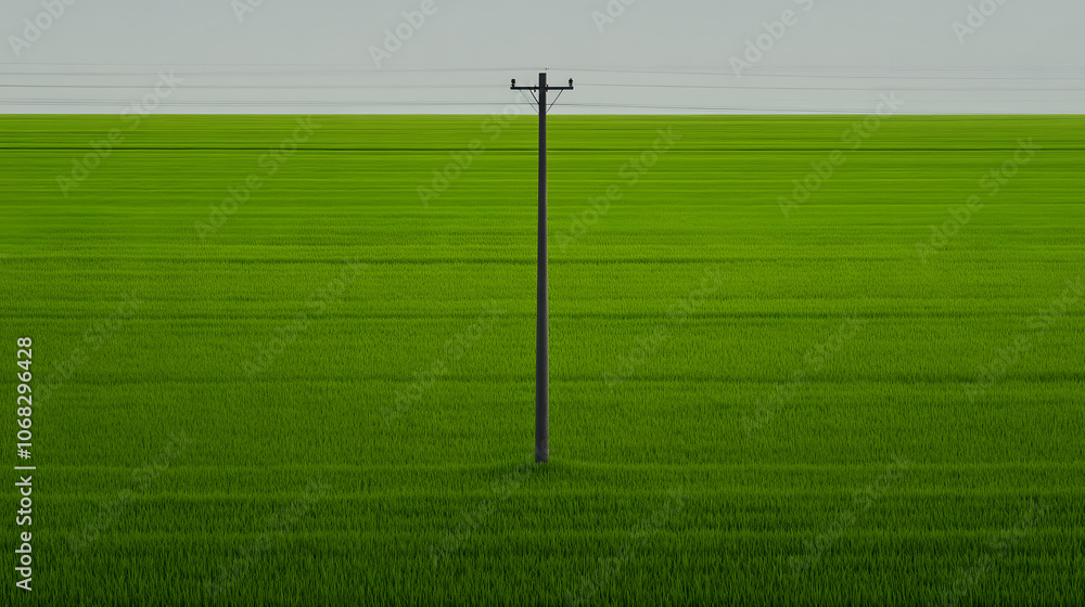 Vast Green Rice Field with Telephone Pole Against a Clear Sky – Rural Landscape, Agricultural Scene, and Natural Beauty Vast Green Rice Field with Telephone Pole Against a Clear Sky – Rural Landscape, Agricultural Scene, and Natural Beauty