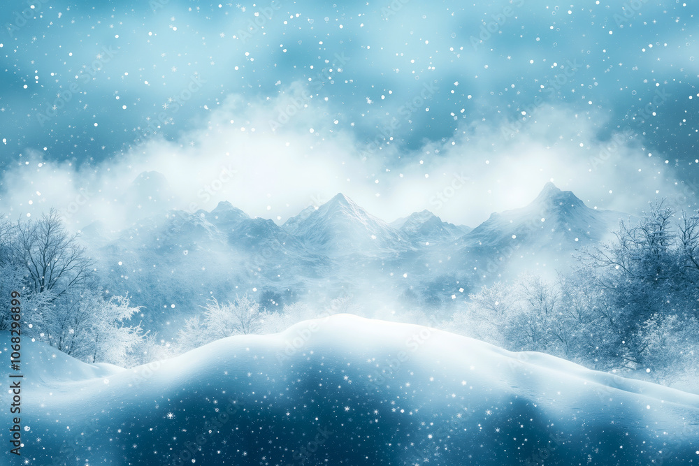 A snowy landscape with trees and mountains in the background A snowy landscape with trees and mountains in the background