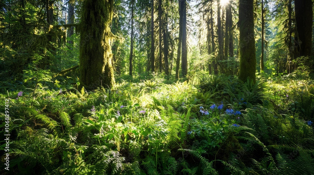 Obraz premium Serene Forest Glade: Sunlight Filtering Through Trees illuminating Wildflowers and Ferns with Ultra-Detailed View of Nature