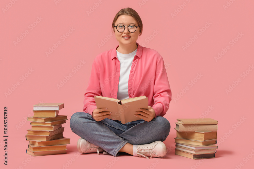 Beautiful young happy woman in eyeglasses with many books sitting on pink background Beautiful young happy woman in eyeglasses with many books sitting on pink background