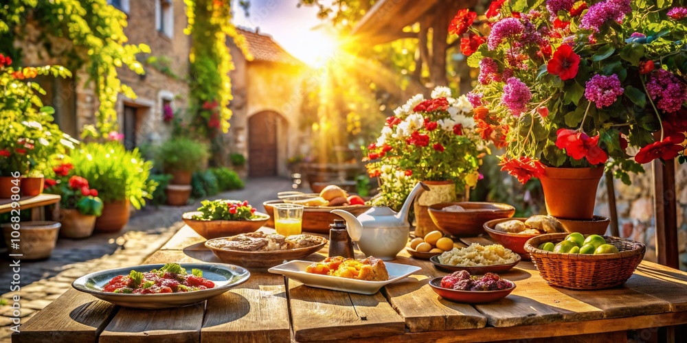Captivating Sunbeams Streaming Through a Quaint Square, Highlighting Freshly Prepared Local Dishes on Wooden Tables Surrounded by Lush Greenery and Vibrant Flowers Captivating Sunbeams Streaming Through a Quaint Square, Highlighting Freshly Prepared Local Dishes on Wooden Tables Surrounded by Lush Greenery and Vibrant Flowers