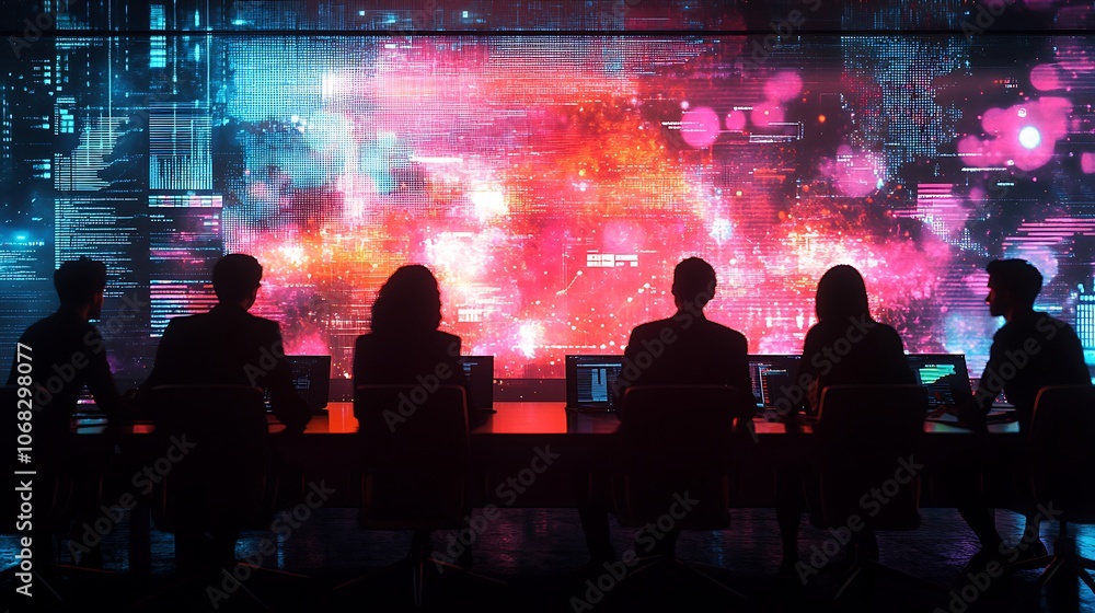 Silhouetted individuals observing a digital display with abstract patterns and data. Silhouetted individuals observing a digital display with abstract patterns and data.