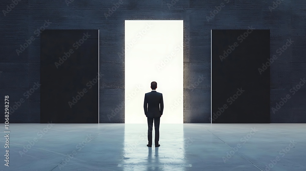A man stands in front of a doorway, looking out into the distance A man stands in front of a doorway, looking out into the distance
