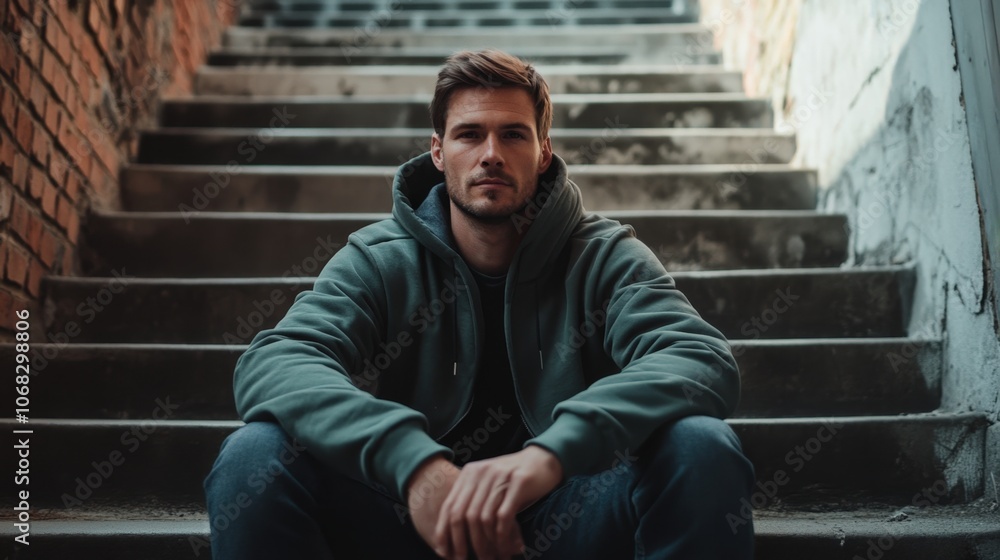 bold man in casual hoodie, sitting on urban steps bold man in casual hoodie, sitting on urban steps