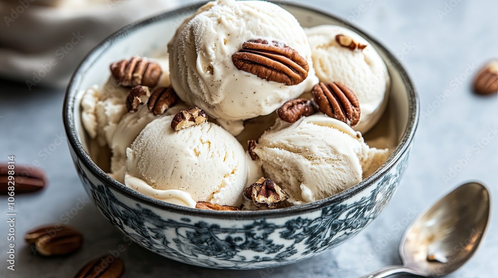 A bowl of vanilla ice cream topped with pecans A bowl of vanilla ice cream topped with pecans