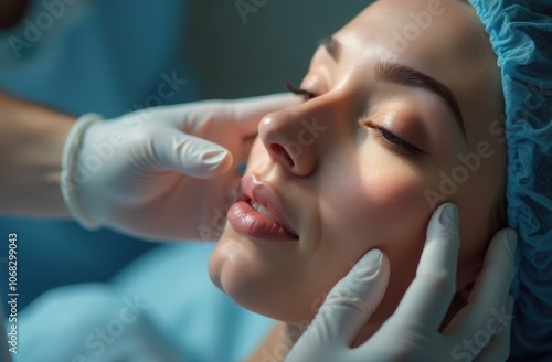 A doctor's hand touches the face of a beautiful young white woman during a cosmetic procedure.