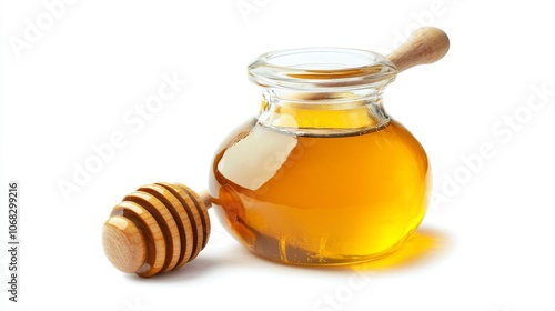 Fresh Honey in Glass Jar with Wooden Dipper Isolated