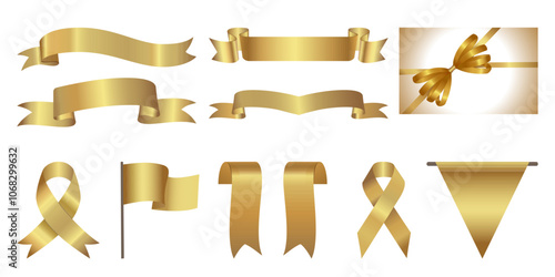Golden award ribbon banners for text. Band for text, ribbon loop. Gift Card WithGolden Ribbon And A Bow, Label Design. Blank Gold award Ribbon Collection Pack Template. Vector of various shapes