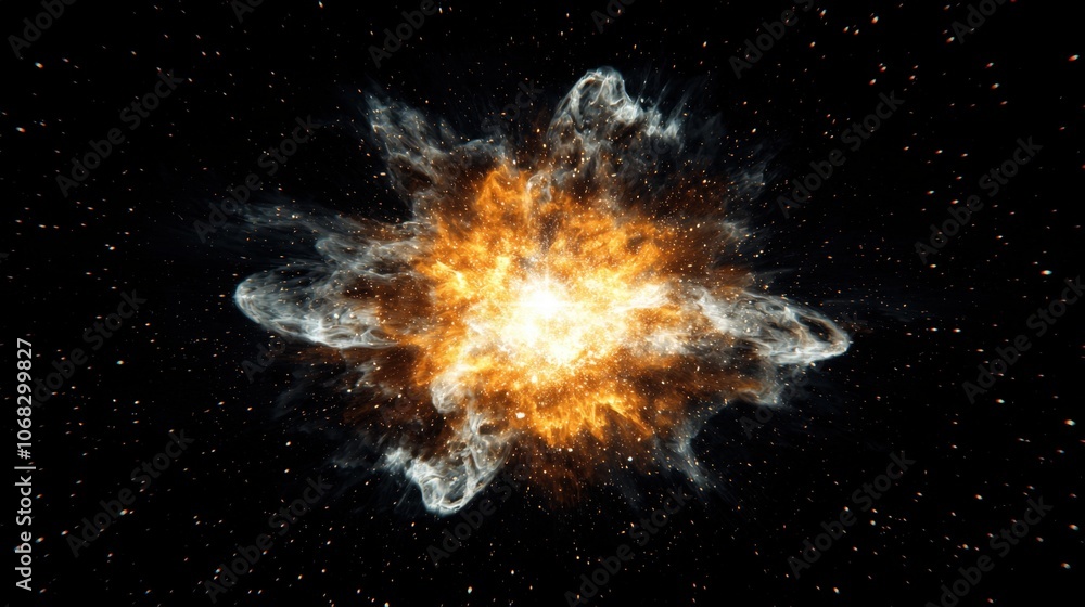 Bright cosmic explosion with radiant light, orange and white star particles extending outward in all directions, deep black background. Bright cosmic explosion with radiant light, orange and white star particles extending outward in all directions, deep black background.