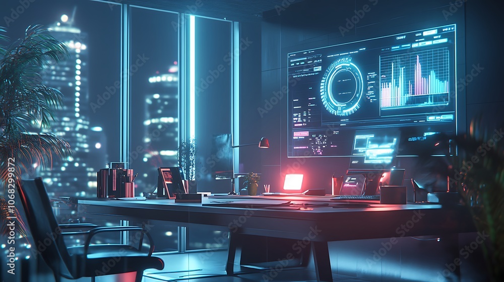 A futuristic office with a city view at night, illuminated by neon lights. A futuristic office with a city view at night, illuminated by neon lights.