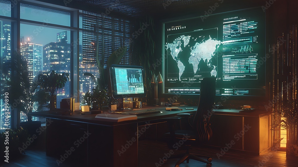 Modern Office with Night City View and Digital Displays Modern Office with Night City View and Digital Displays