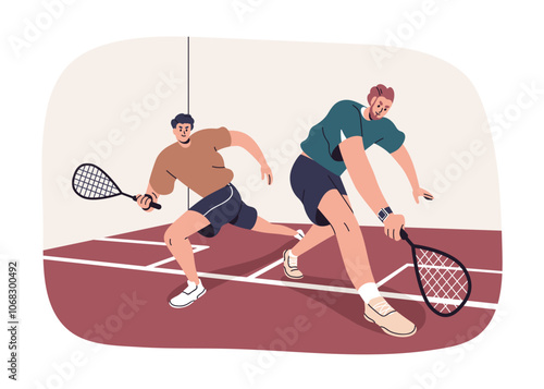 Squash, court game, sport activity. Men players, athlete partners playing sport with racquet and ball. Happy healthy male characters in gym. Flat vector illustration isolated on white background