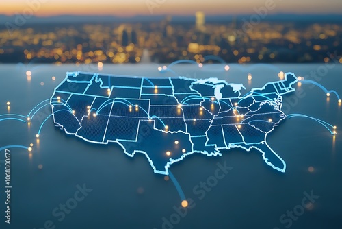 A map of the United States is lit up with a blue background