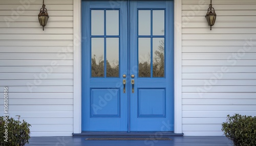 Royal blue doors with clear glass inserts designed for stylish modern home listings.