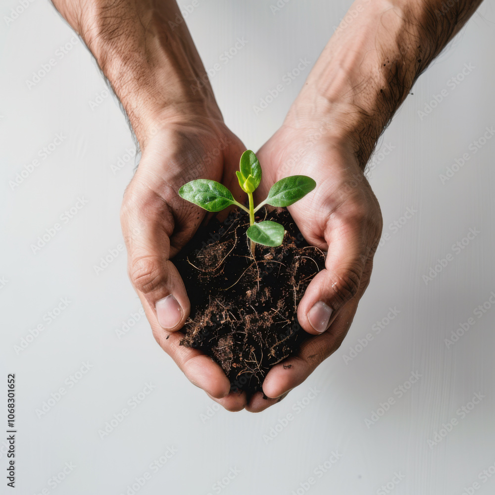 Hands holding plant sprout growing out of the ground. Ecology and sustainability concept. Hands holding plant sprout growing out of the ground. Ecology and sustainability concept.
