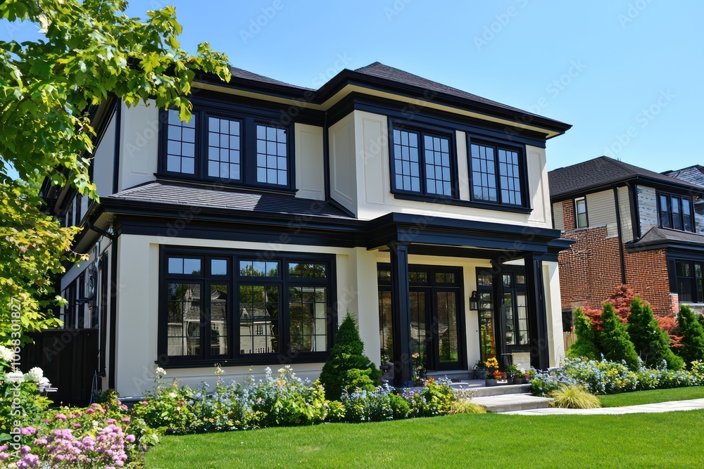 Suburban Georgian home, serene setting, black trim, cream windows, sunny day. Suburban Georgian home, serene setting, black trim, cream windows, sunny day.