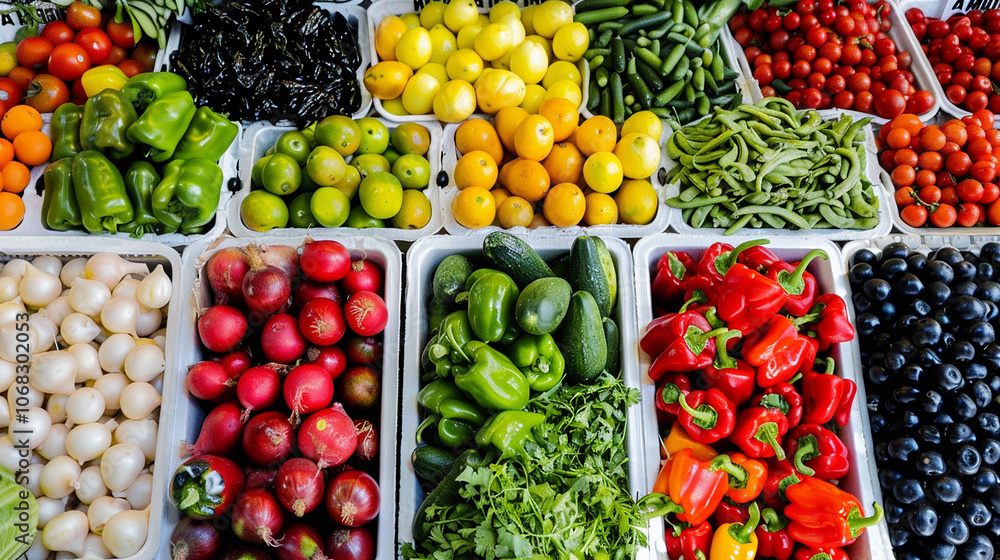 Fresh produce neatly displayed in white containers at a market. Fresh produce neatly displayed in white containers at a market.
