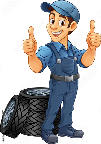A tyre or tire cartoon car maintenance service mechanic mascot cartoon character man