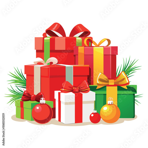 a pile of Christmas presents. There are several gift boxes of different sizes and colors