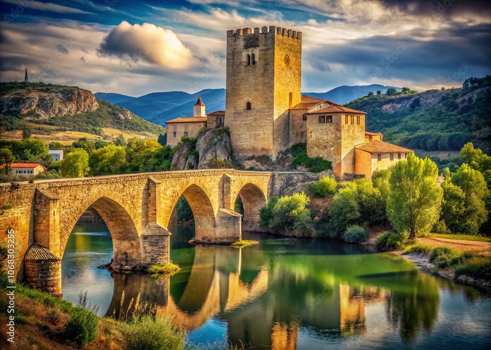 Obraz premium Captivating Vintage Style Photograph of the Medieval Bridge Tower in Frias, Spain, Overlooking the Picturesque River Ebro in Burgos Province, Castile and Leon
