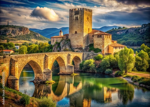 Captivating Vintage Style Photograph of the Medieval Bridge Tower in Frias, Spain, Overlooking the Picturesque River Ebro in Burgos Province, Castile and Leon